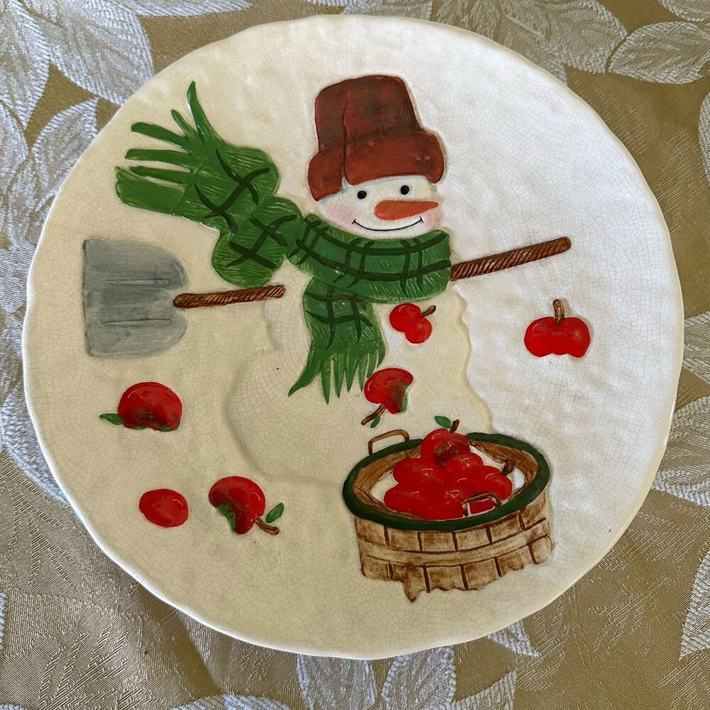 Hallmark Jan Karon Mitford Snowman Christmas Plate Apple Basket 9.75" Embossed